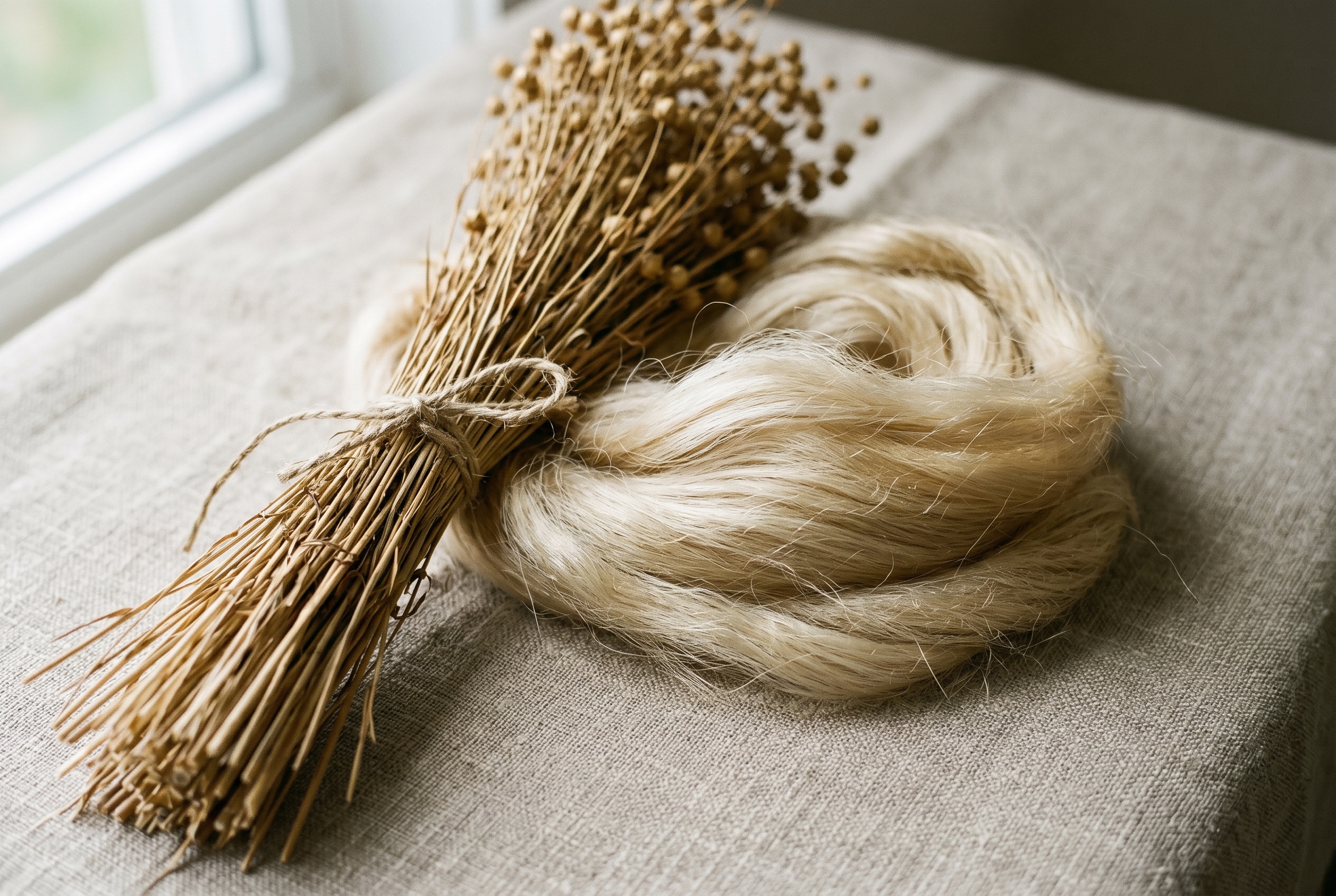 A bundle of harvested flax stalks and fibres
